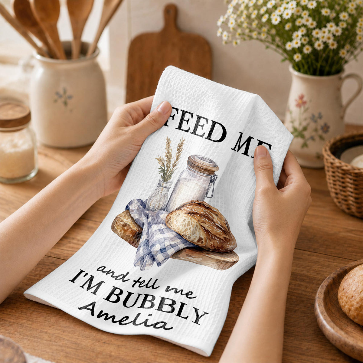 Feed Me Bubbly, Personalized Kitchen Towel, Gift for Sourdough Lovers - 4