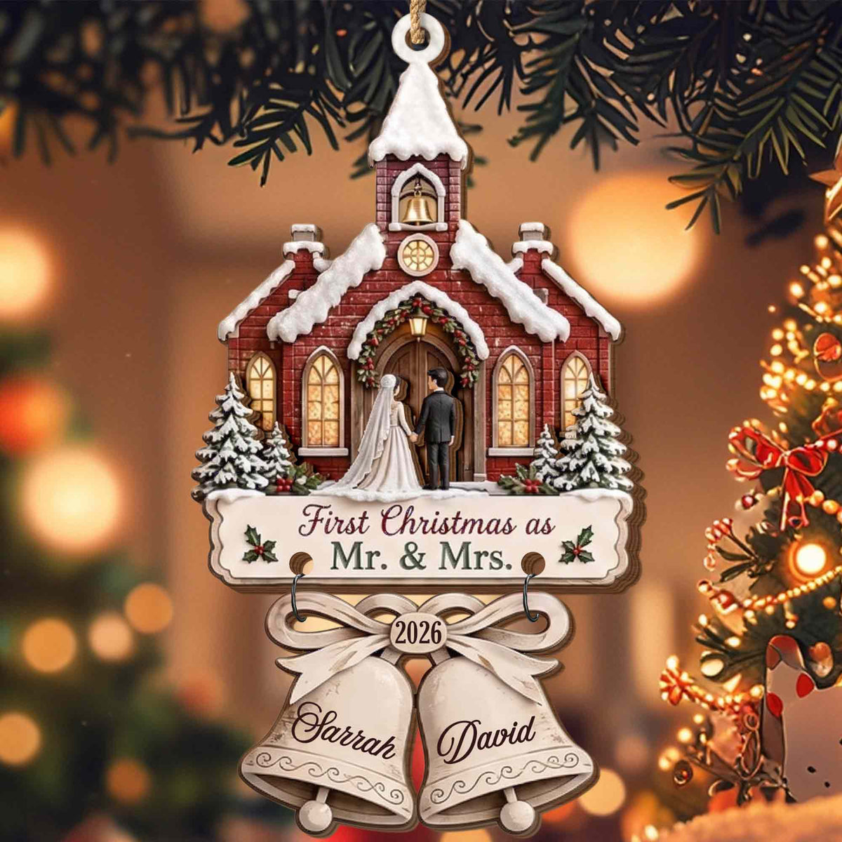 First Christmas As Mr. & Mrs., Personalized Wooden Ornament, Couple Gift - 1