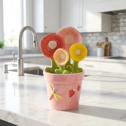 4-Piece Ceramic Flower Measuring Spoons Set with Flowerpot Base