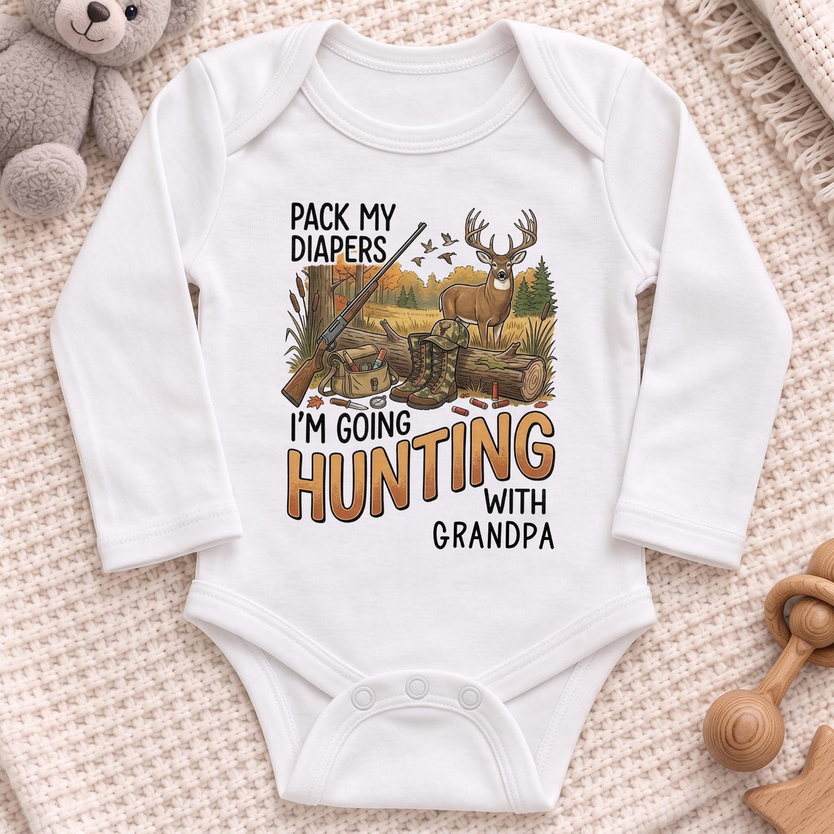 Pack My Diapers Hunting With Grandpa, Personalized Long Sleeve Baby Onesie - 1