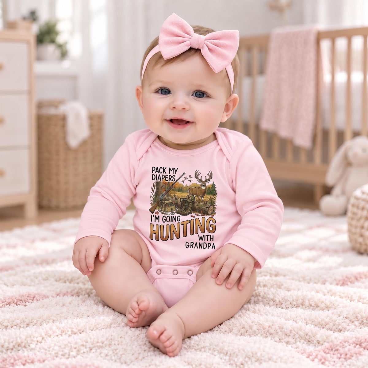 Pack My Diapers Hunting With Grandpa, Personalized Long Sleeve Baby Onesie - 5