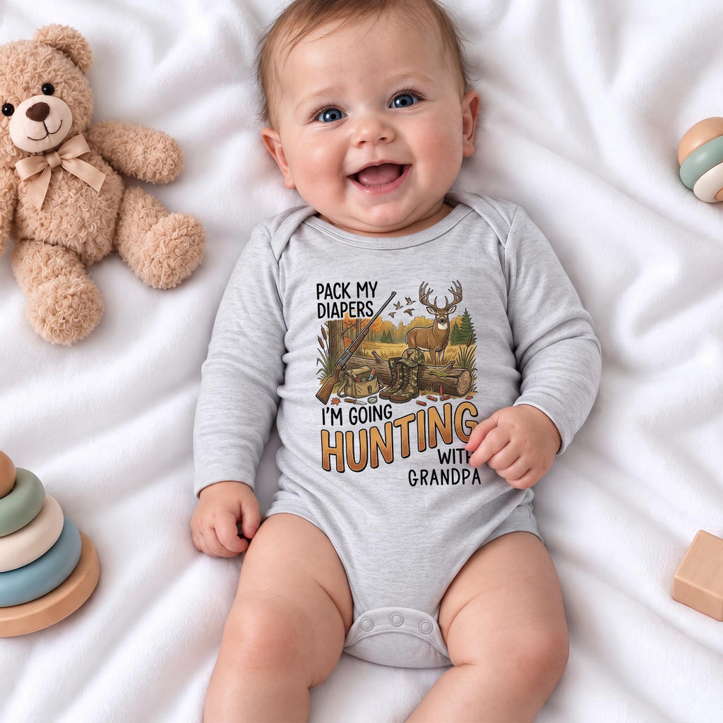 Pack My Diapers Hunting With Grandpa, Personalized Long Sleeve Baby Onesie - 2