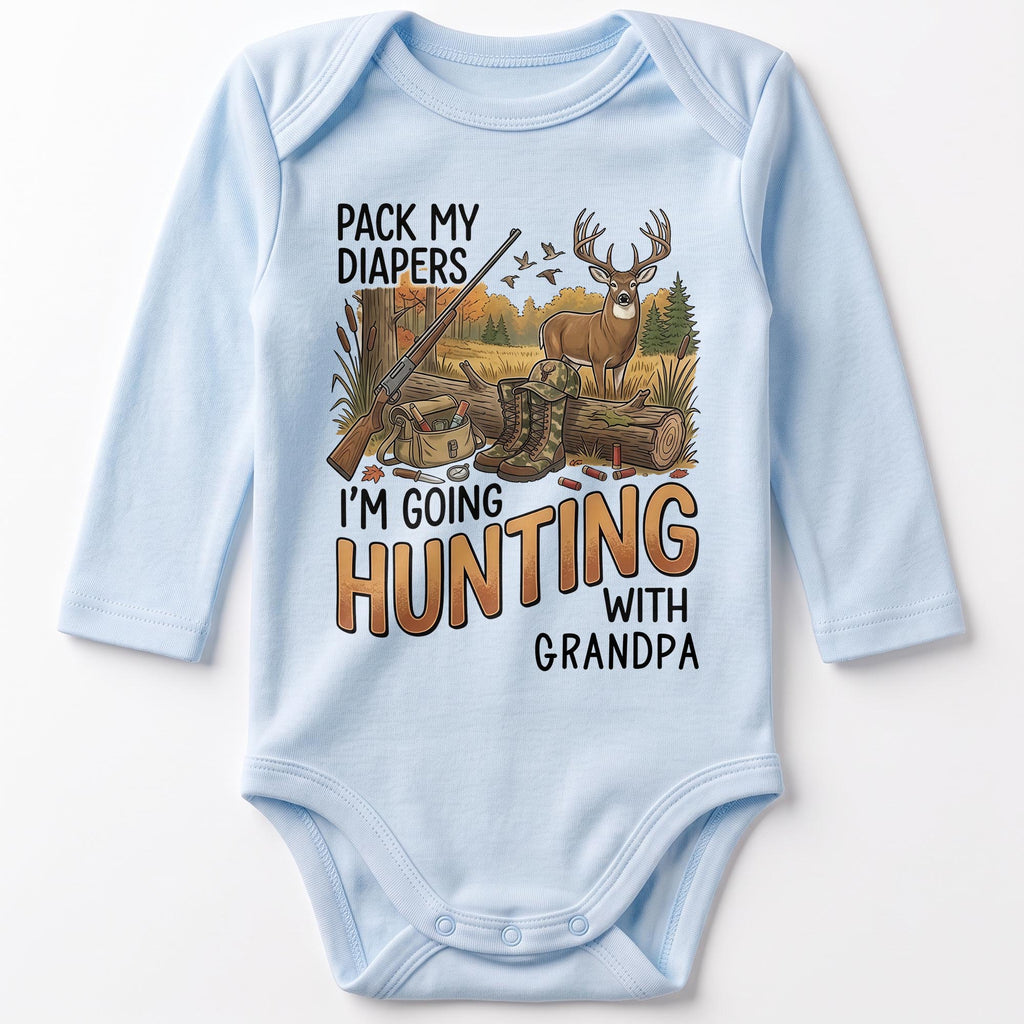 Pack My Diapers Hunting With Grandpa, Personalized Long Sleeve Baby Onesie - 8