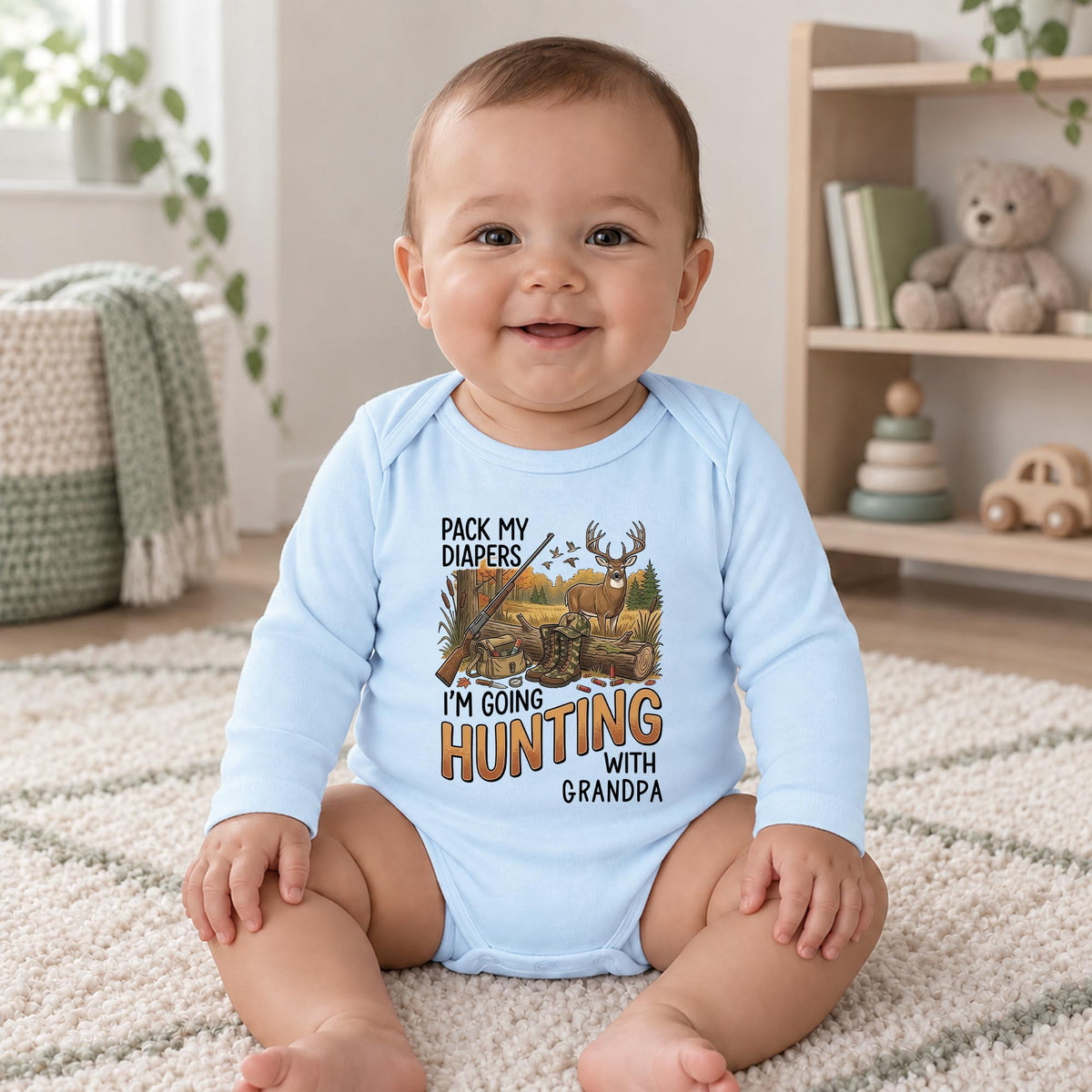 Pack My Diapers Hunting With Grandpa, Personalized Long Sleeve Baby Onesie - 12