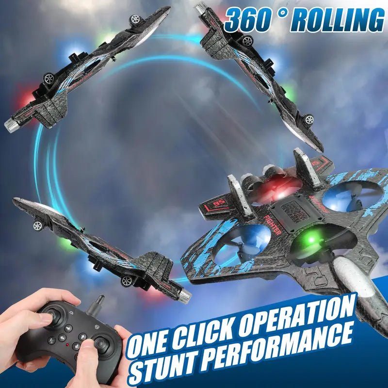 RC Fighter Jet Drone with 360° Flips & LED Lights – Vertical Takeoff EPP Foam Airplane Toy