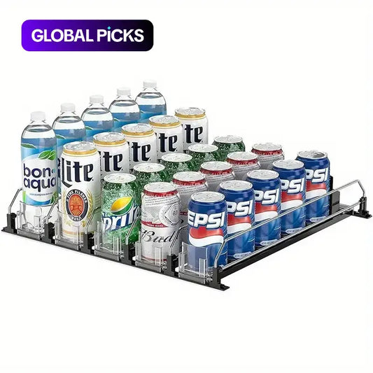 Adjustable Self-Pushing Beverage Dispenser for Refrigerator, Sliding Drink Organizer Storage Rack for Kitchen & Pantry
