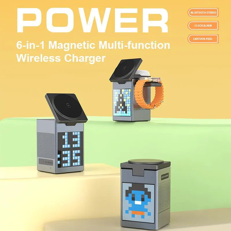 6-in-1 Wireless Charger Speaker with MagSafe Stand & LED Clock