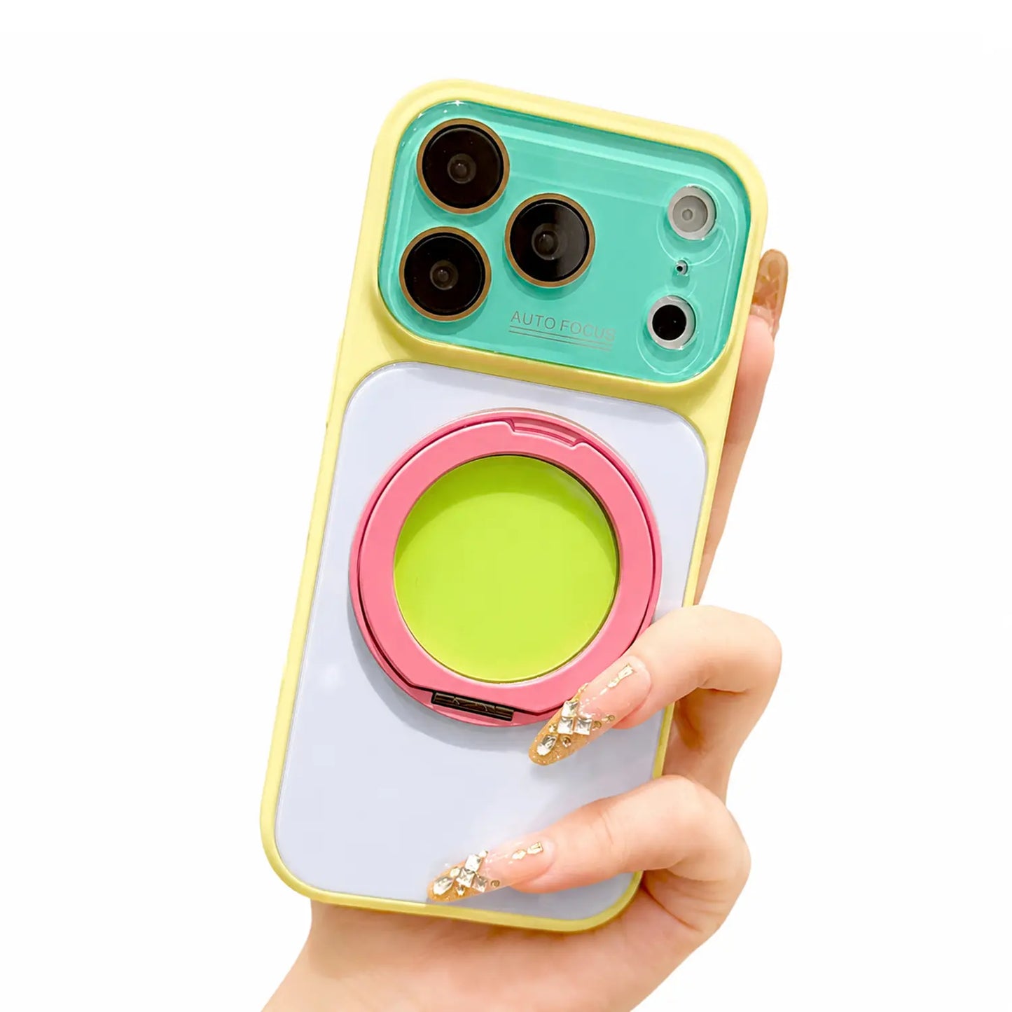 Dopamine Colorblock Glossy Magnetic Case for iPhone 17 Pro Max – 360° Rotating Ring Stand & MagSafe Cover