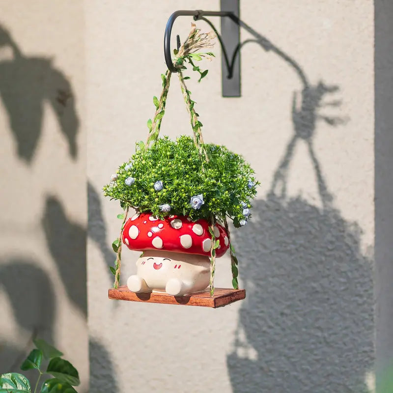 Whimsical Cottagecore Mushroom Smiley Face Hanging Swing Planter - Cheerful Home Decor Gift for Plant Lovers
