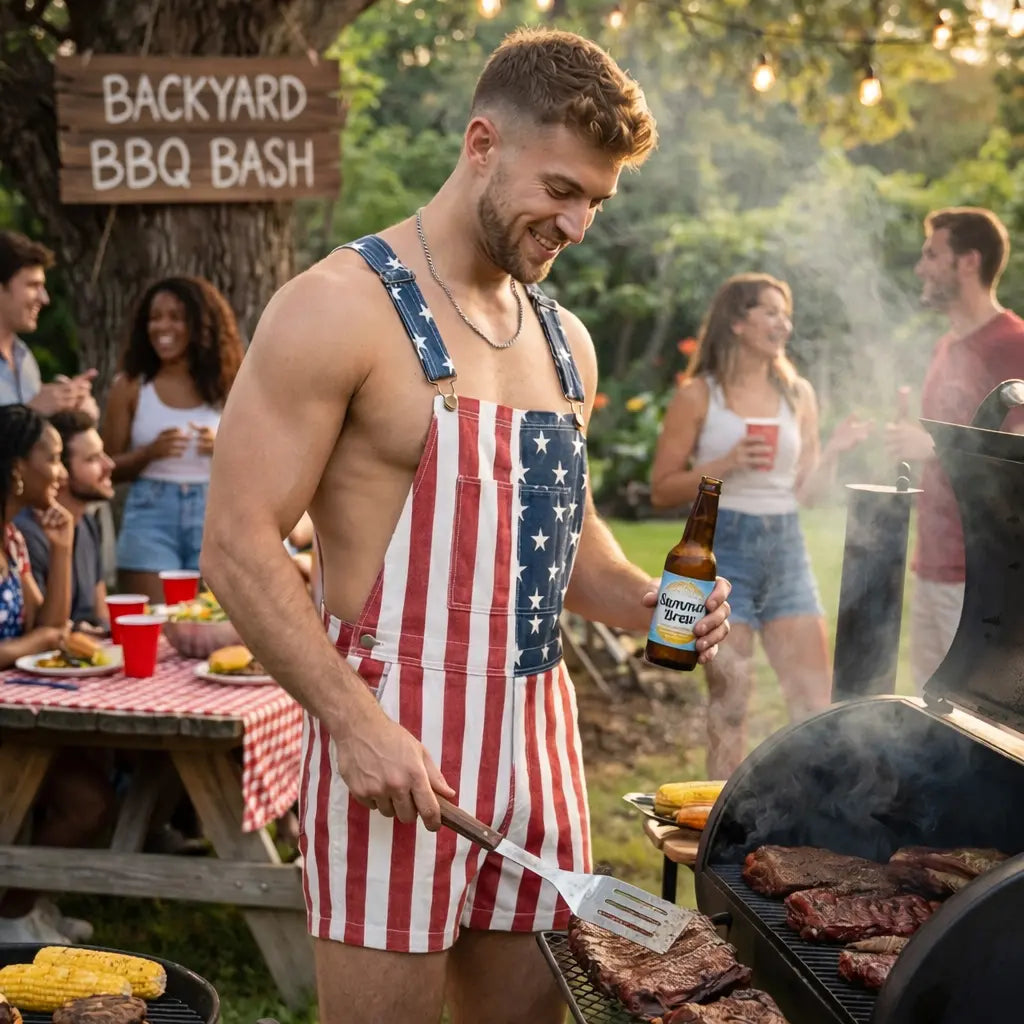 Men's and Women's American Flag Denim Overalls Stretch Shorts, Patriotic, Merica Menswear Suits Sleeveless, Parents' Day Romper Summer Menswear