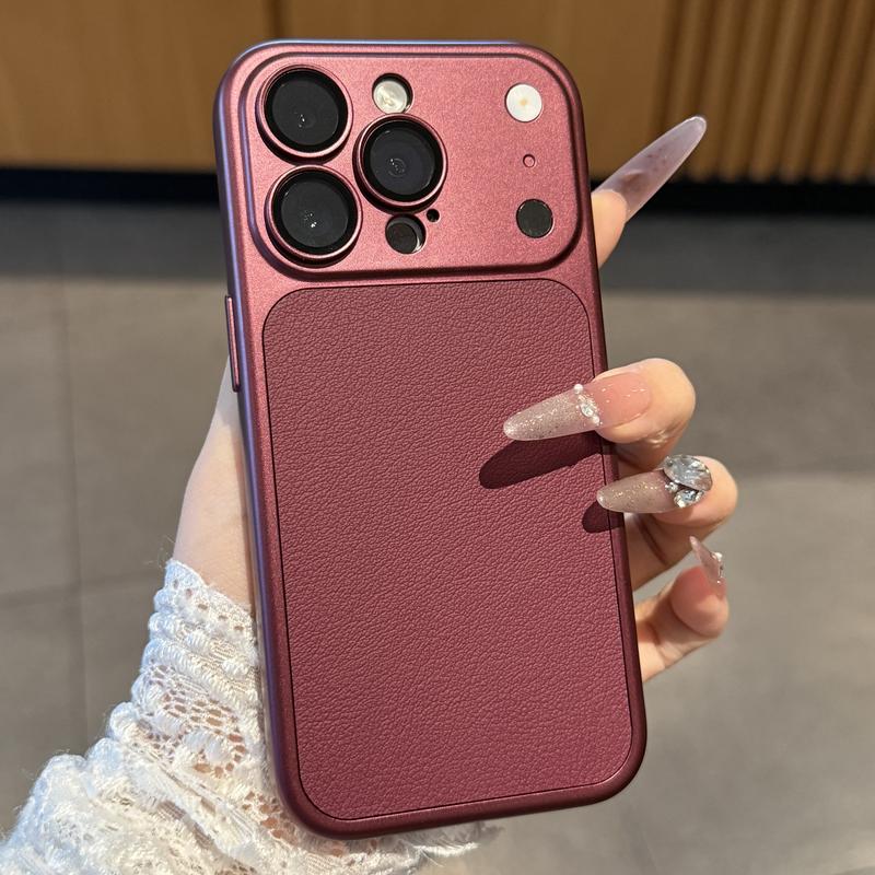 Burgundy Metal & Leather Texture Skin-Friendly Anti-Slip Case for iPhone 18 Pro Max