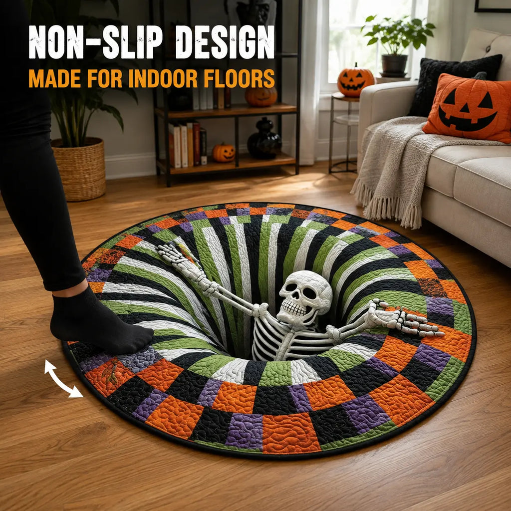 Halloween 3D Skeleton Vortex Quilted Illusion Round Rug (16") – Soft Non-Slip Spooky Living Room Carpet