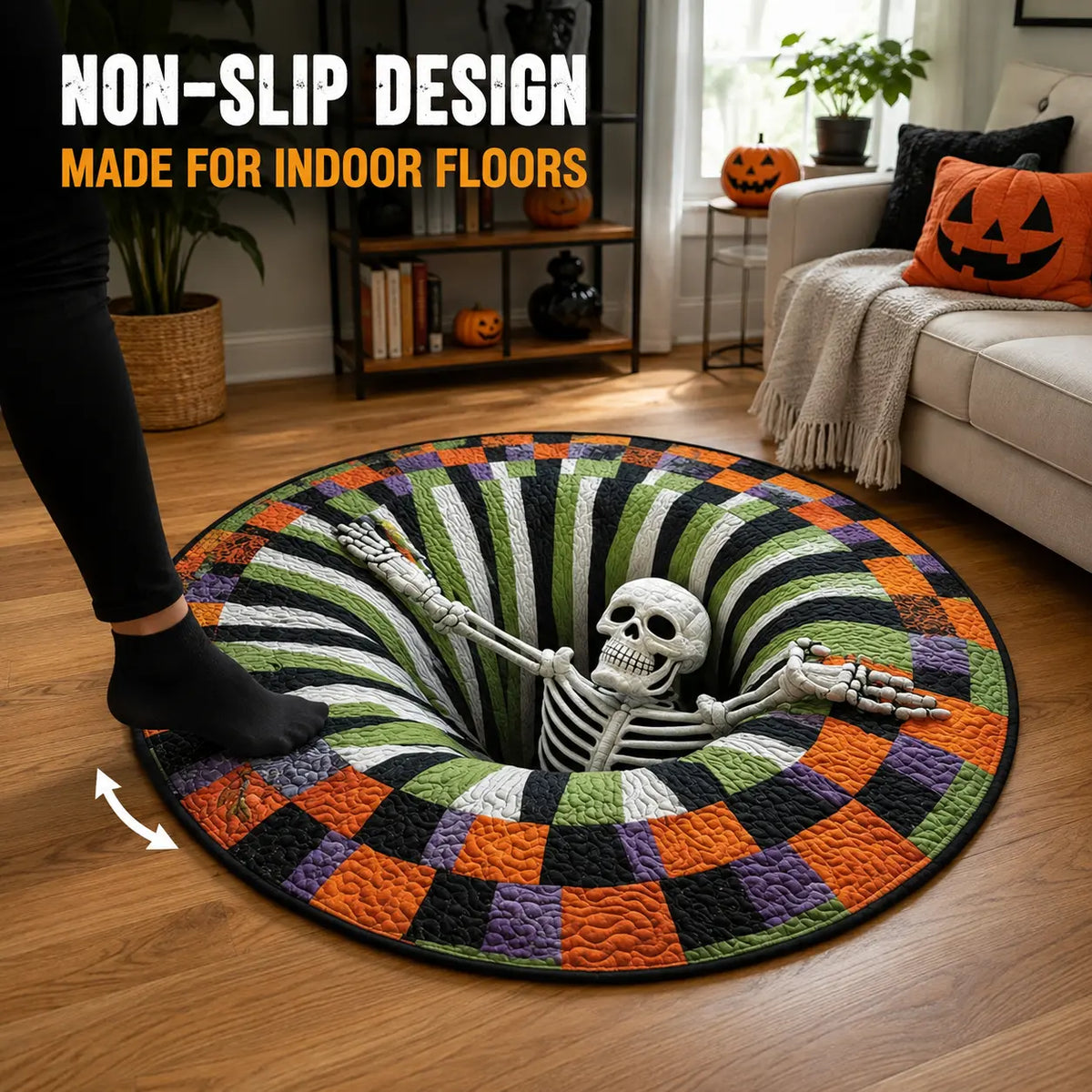 Halloween 3D Skeleton Vortex Quilted Illusion Round Rug (16") – Soft Non-Slip Spooky Living Room Carpet