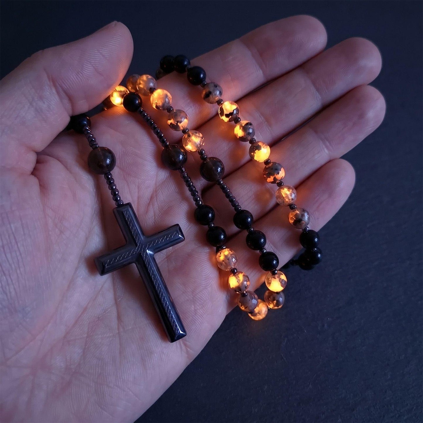 Eclat Mystique Natural Obsidian Yooperlite Rosary Necklace UV Reactive Protection Necklace Hematite Stone Cross Pendant Necklace Gift for her, gift for him