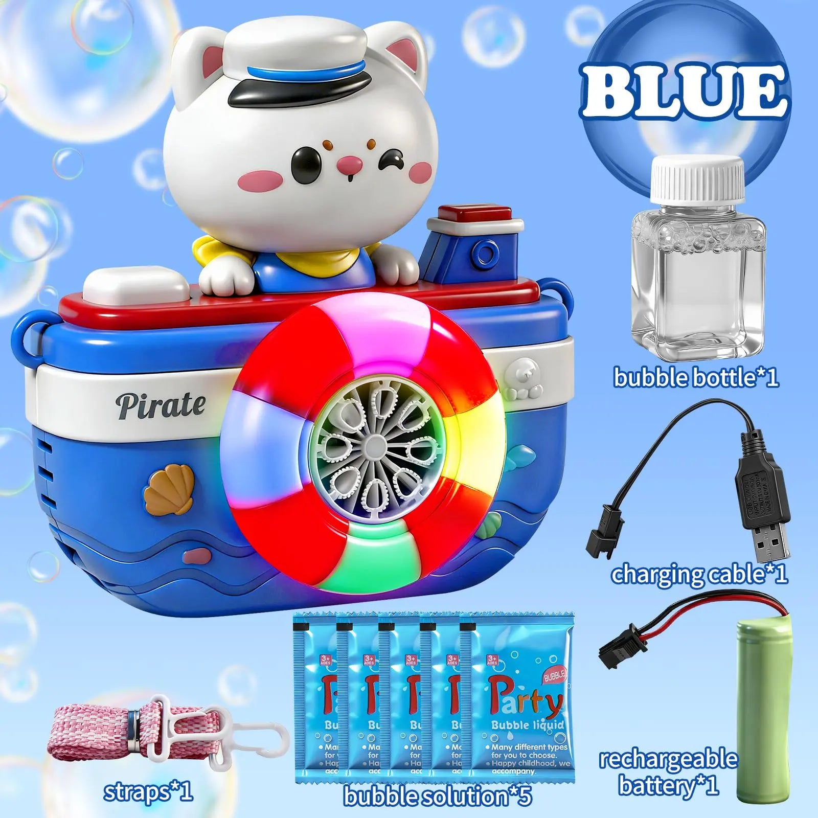Cute Pirate Bubble Machine Toy for Kids – Automatic Bubble Blower with LED Lights & Music, High-Output Bubble Maker for Outdoor Play & Bath Fun