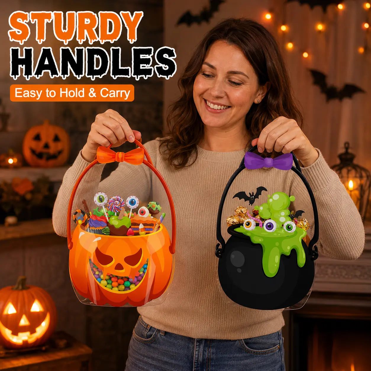 12-60 Pcs Halloween Plastic Goodie Bags – Trick or Treat Candy Bags with Pumpkin & Skull Patterns