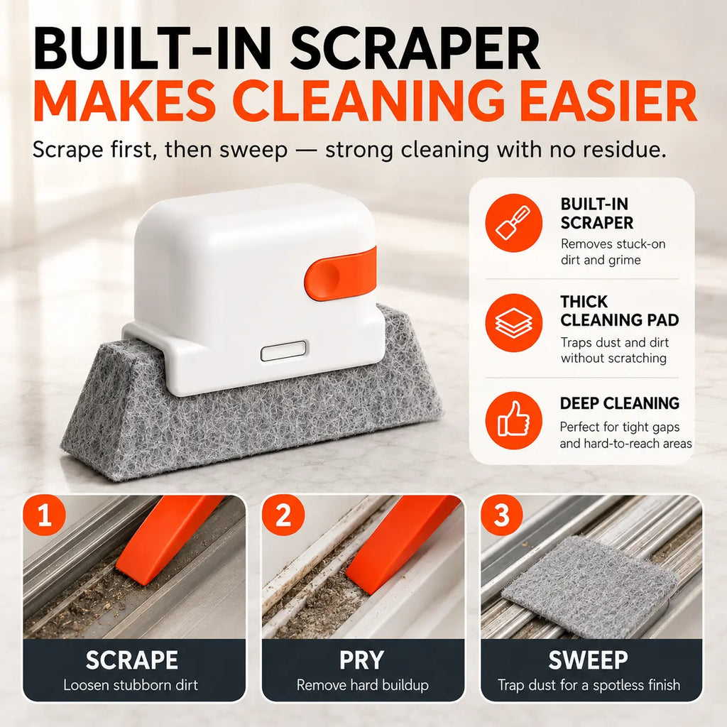 2-in-1 Window Track Cleaner Tool Kit with Built-in Scraper & 2 Replacement Pads
