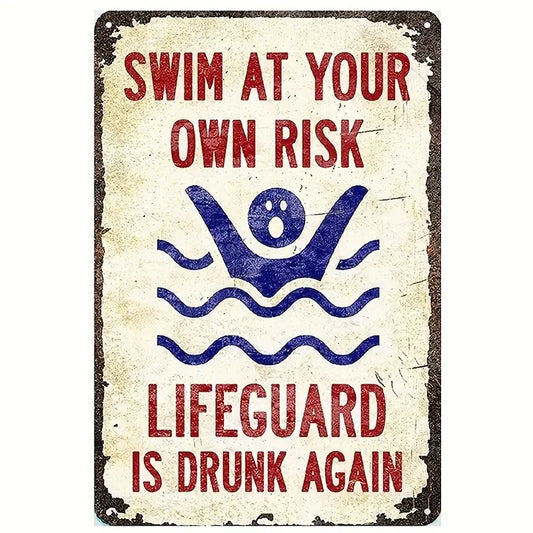 Vintage Wooden "Swim at Your Own Risk" Humorous Pool Warning Sign