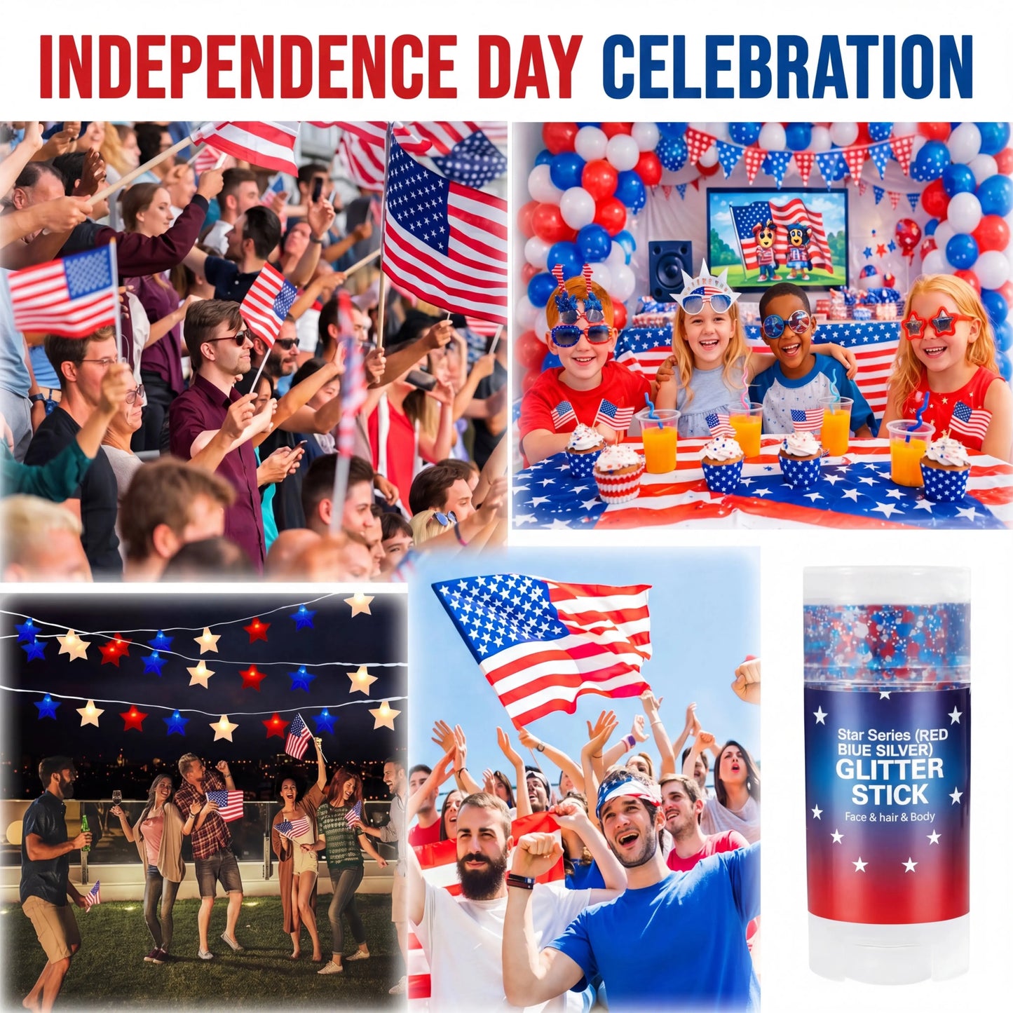 4th of July Independence Day Glitter Stick (Red, White & Blue for Party & Festival Look)