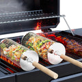 2PCS 304 Stainless Steel Rolling Grill Baskets with Wooden Handles – Nesting Portable BBQ Utensils for Vegetables & Shrimp