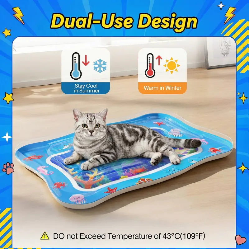 Thick 0.7mm PVC Cat Water Play Mat – Interactive Cooling Activity Pad with Floating Fish