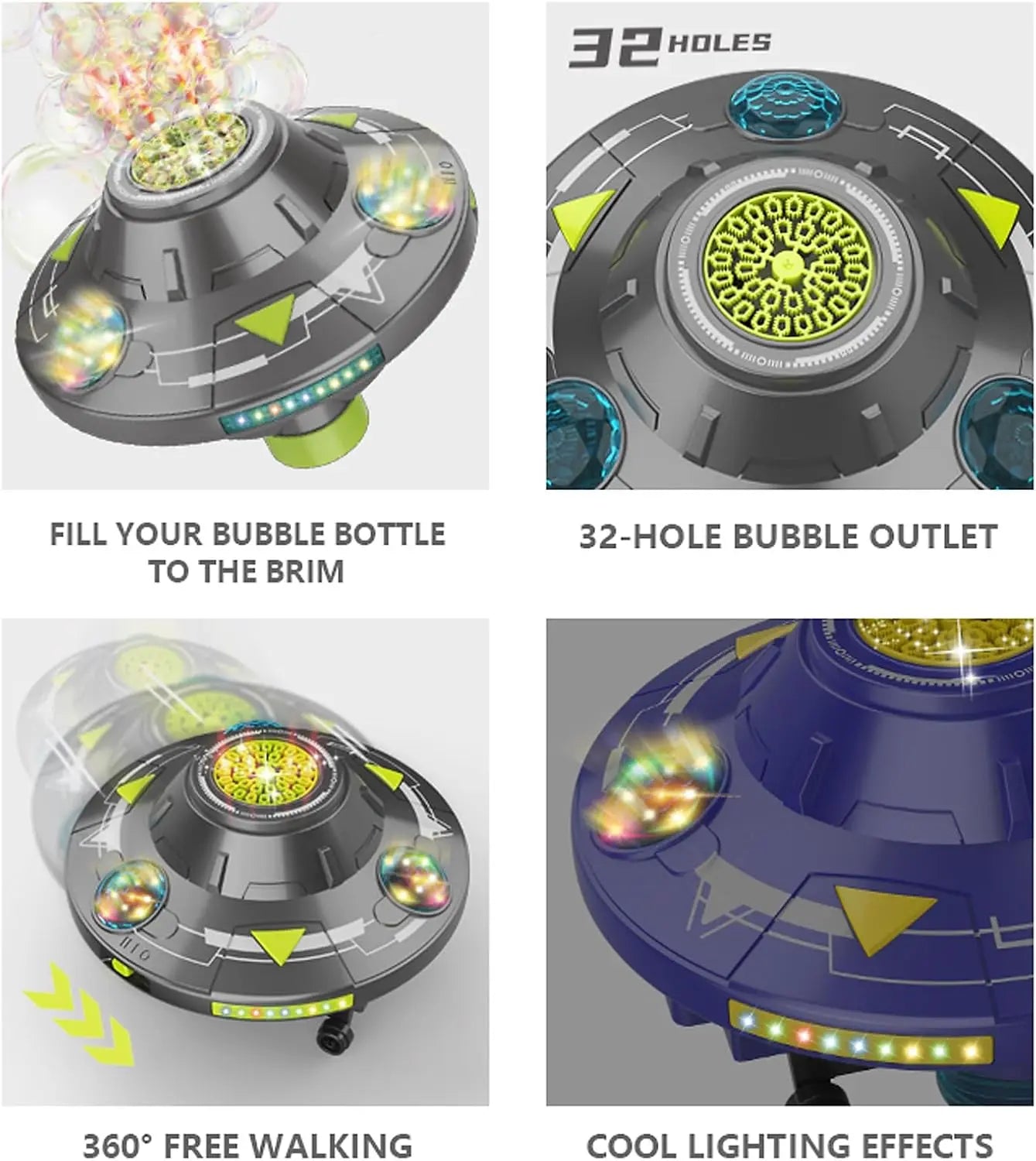 Multifunction Bubble Maker, Automatic Rotating Disc Toy with Colorful Lights, Music, Obstacle Avoidance, Flying Saucer Design for Indoor, Outdoor Birthday Parties