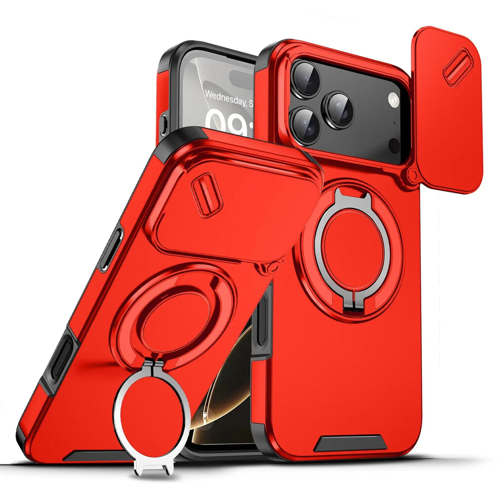 Military-Grade Magnetic Protective Case with Sliding Camera Cover & 360° Rotatable Ring Stand for iPhone 17 Pro Max