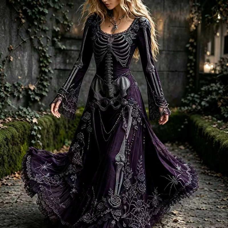 Women's Autumn Vintage Court Style Horn-Sleeve High-Waist Dress for Halloween