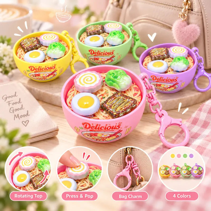 Cute Ramen Noodle Bowl Pressable Spinning Fidget Toy Keychain – Novelty Bag Charm