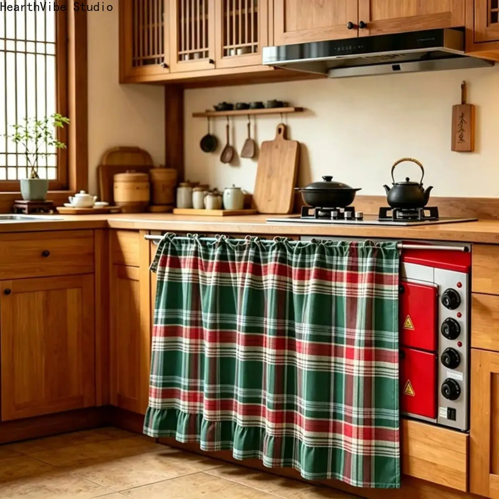 2026 Farmhouse Stove Curtain – Gingham Plaid Ruffle Short Window Valance