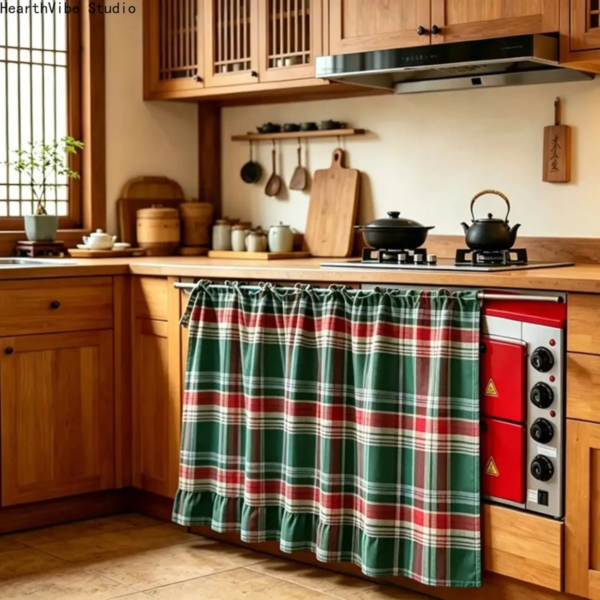 2026 Farmhouse Stove Curtain – Gingham Plaid Ruffle Short Window Valance