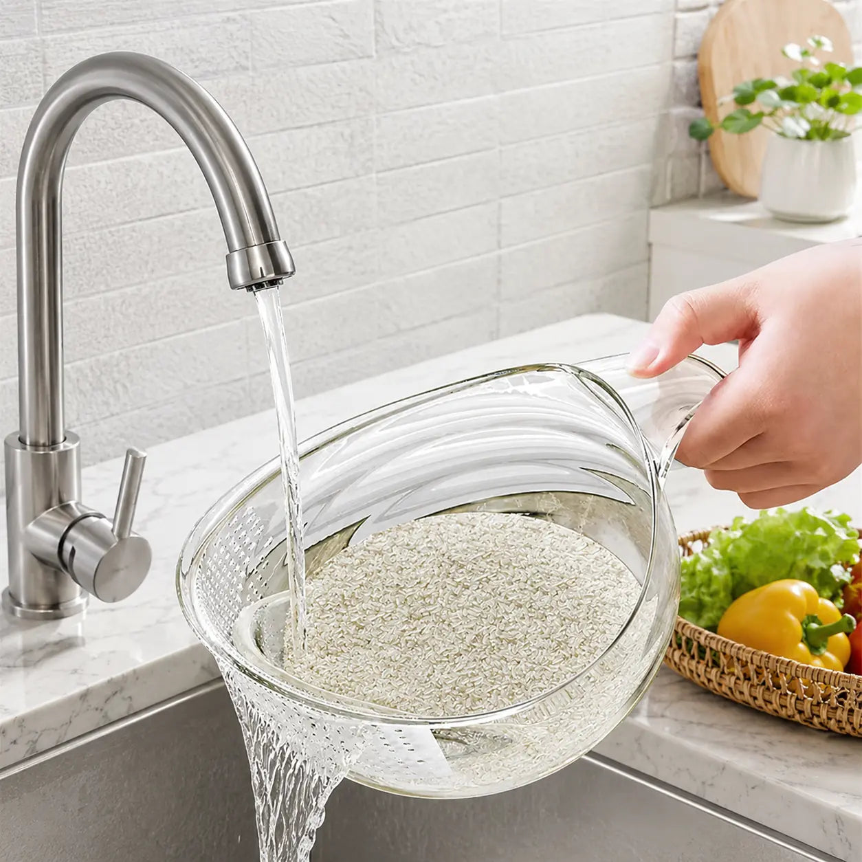 Aesthetic Multifunctional Rice Strainer with Handle – Sturdy BPA-Free Plastic Fruit Vegetable Colander