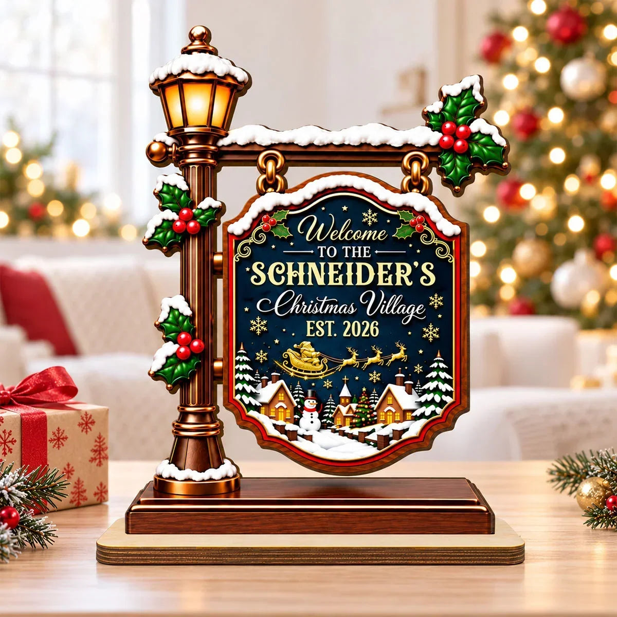2-Layer Wooden Plaque, Personalized Snowy Christmas Village Keepsake, Creative Gift for Parents & Grandparents - 1
