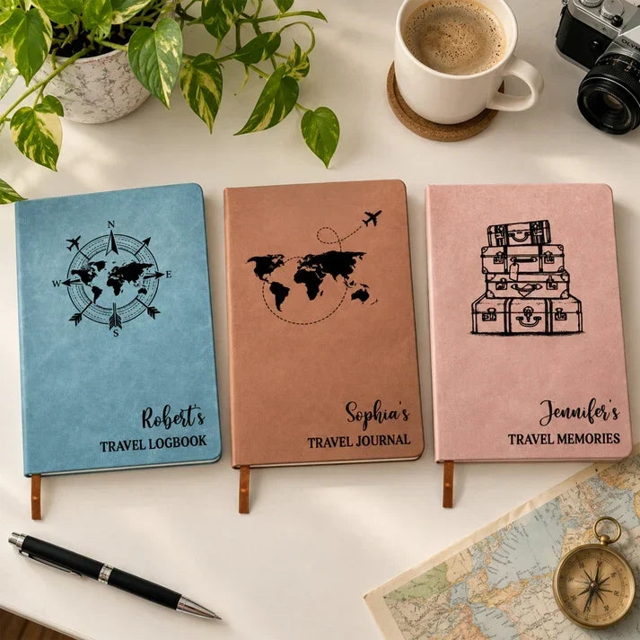 Personalized Leather Journal for Travel Memories with Compass and Luggage Art, Creative Gift for Friends - 1