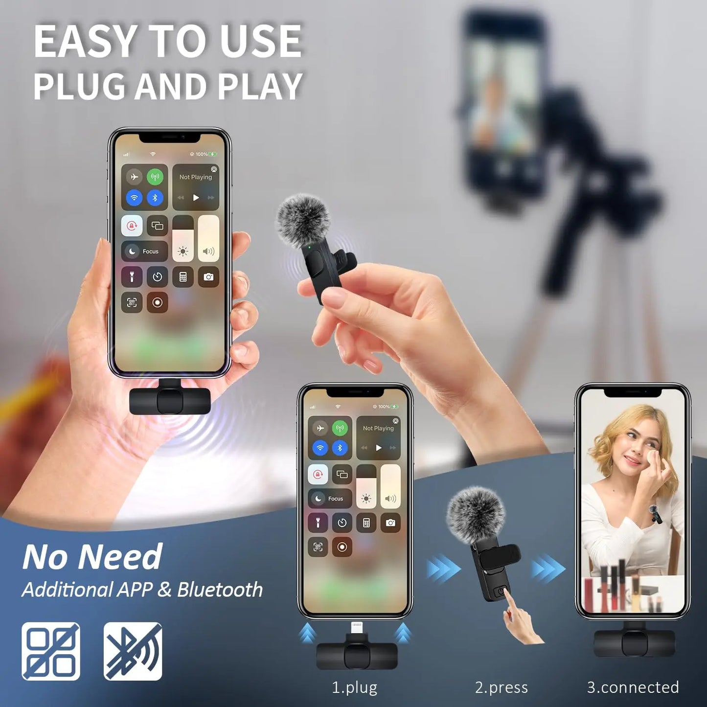 2 pcs Wireless Lavalier Microphones for iPhone, Android, iPad - Mini Wireless Clip-on Microphones Crystal Clear Sound Quality for Recording, Live Streaming,Vlog