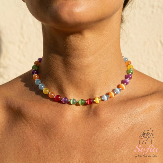 Sofia Dopamine Necklace - Rainbow Beaded Choker - UV Reactive Necklace Waterproof - Summer Jewelry Stainless Steel, Stackable