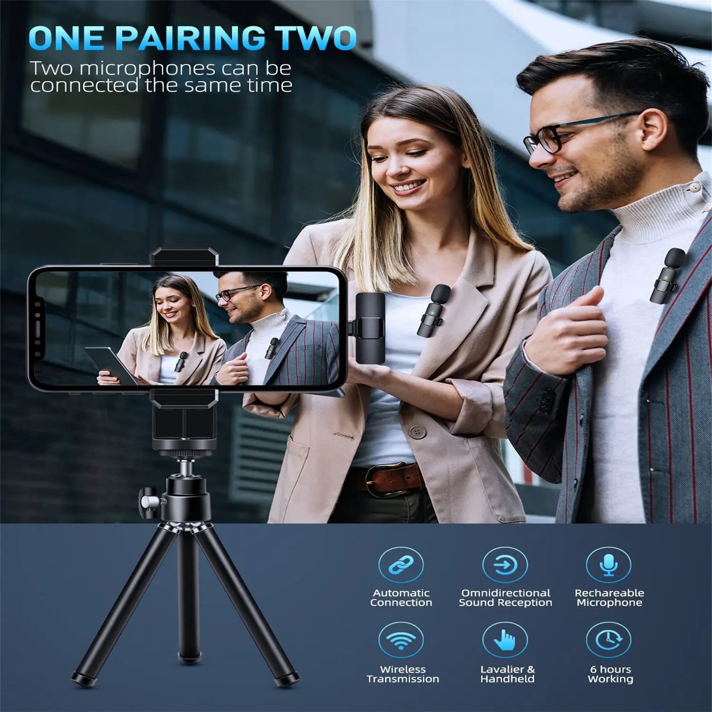 2 pcs Wireless Lavalier Microphones for iPhone, Android, iPad - Mini Wireless Clip-on Microphones Crystal Clear Sound Quality for Recording, Live Streaming,Vlog