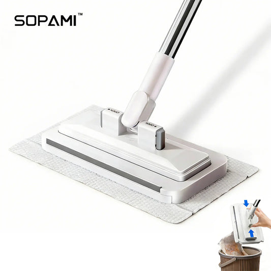 SOPAMI Disposable Mop, Hands-Free Floor Mop with Clamp, Dry Wet Use Dust Mop for Hardwood & Tile