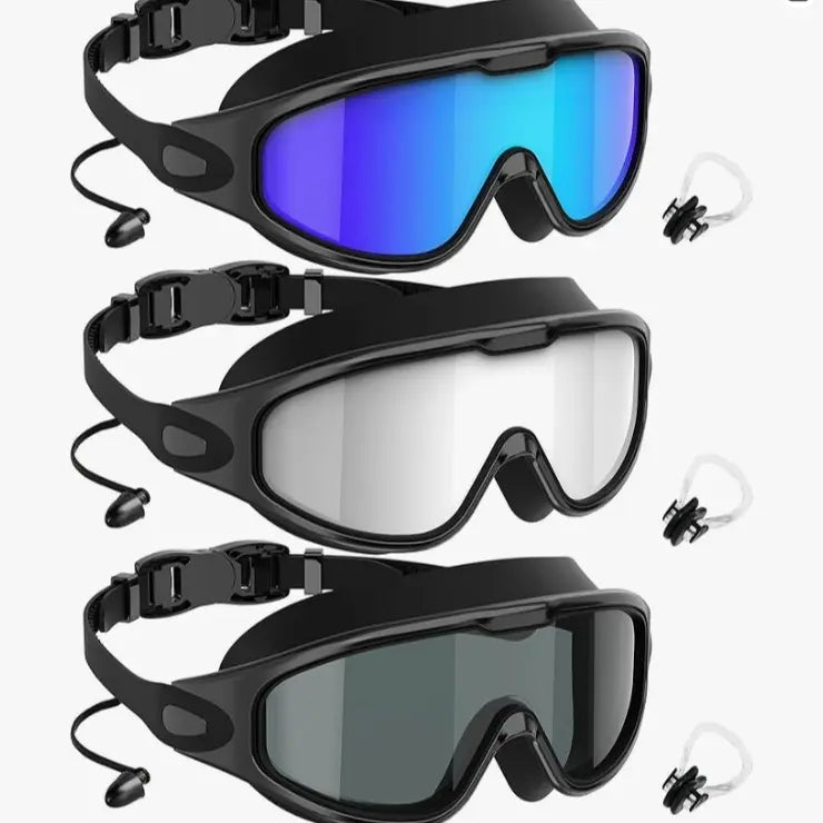 Adult Swim Goggles with Nose Clips (3-Pack, Anti-Fog & No Leak)