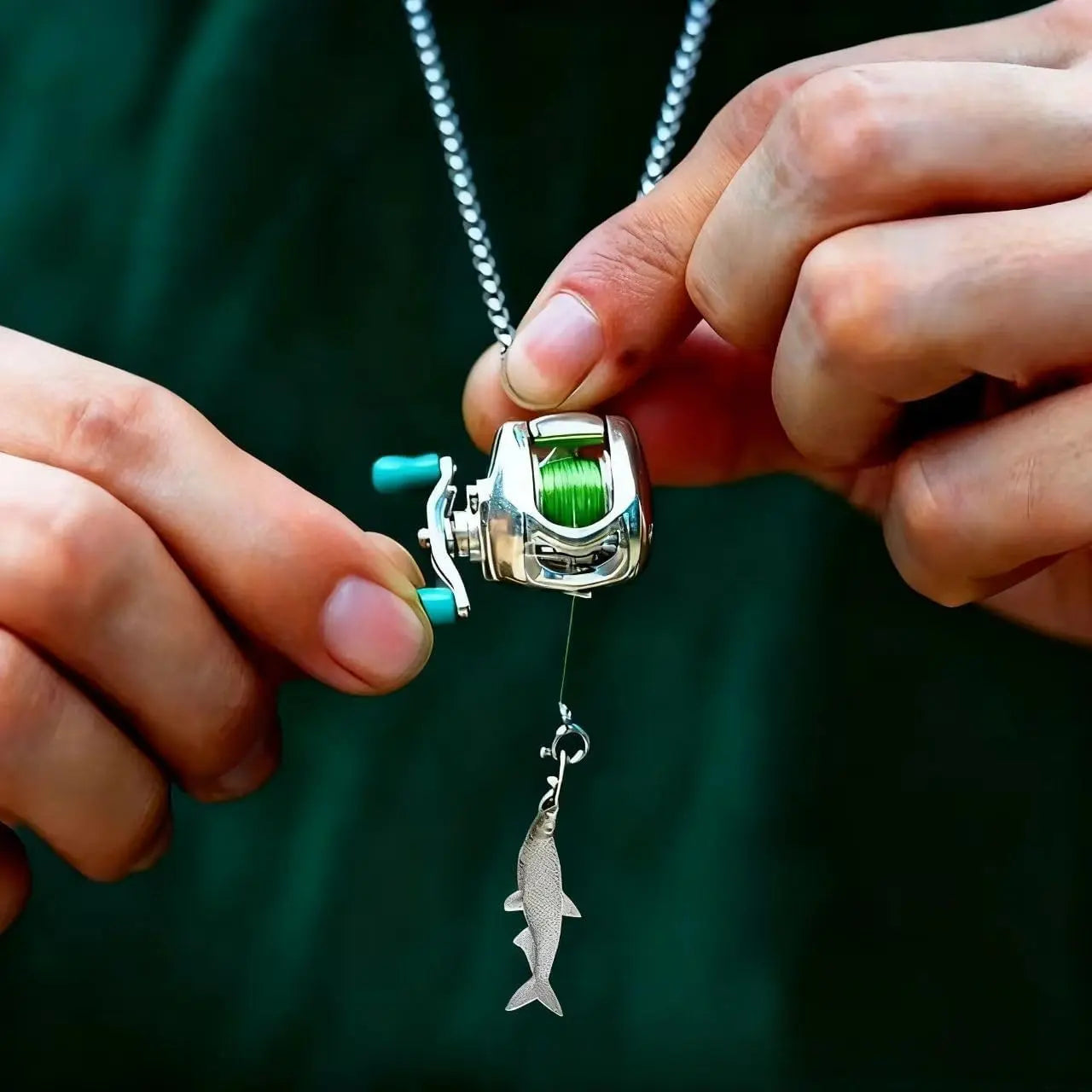 Mini Fishing Reel Necklace - Stainless Steel Interactive Pendant with Adjustable Real Line, Fish Charm, Necklaces for Women, Unique Fidget Gift for Anglers