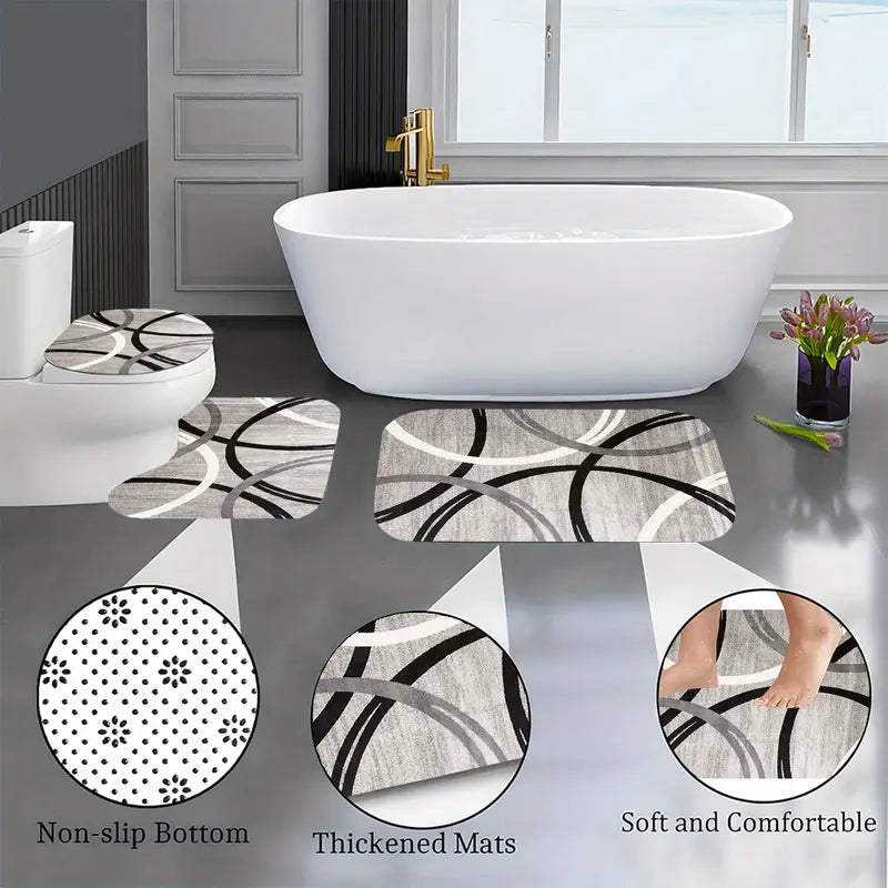 DearTex 4pcs Grey & Black White Curved Pattern Flannel Bathroom Rug Set, Non-Slip Quick Absorbent Bath Mats, U-Shaped Toilet Accessories Cover, Reusable Washable Shower Floor Mat Set