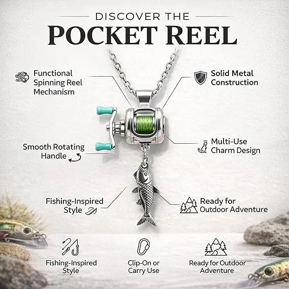 Mini Fishing Reel Necklace - Stainless Steel Interactive Pendant with Adjustable Real Line, Fish Charm, Necklaces for Women, Unique Fidget Gift for Anglers