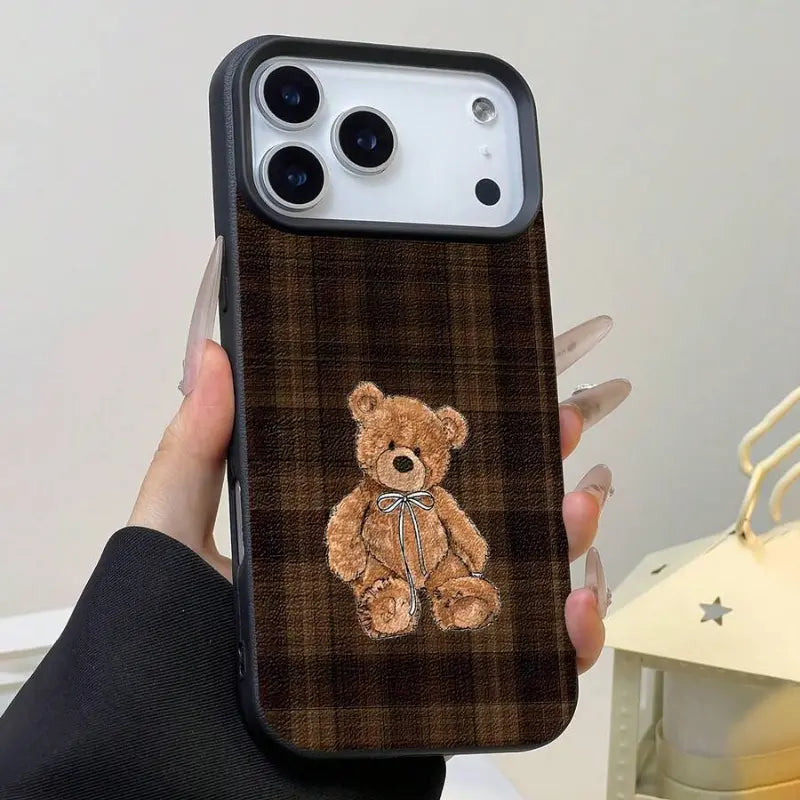 Brown Plaid Teddy Bear Leather Texture Phone Case – Cozy Vintage Shockproof Cover for iPhone 17 Pro Max