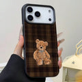 Brown Plaid Teddy Bear Leather Texture Phone Case – Cozy Vintage Shockproof Cover for iPhone 17 Pro Max