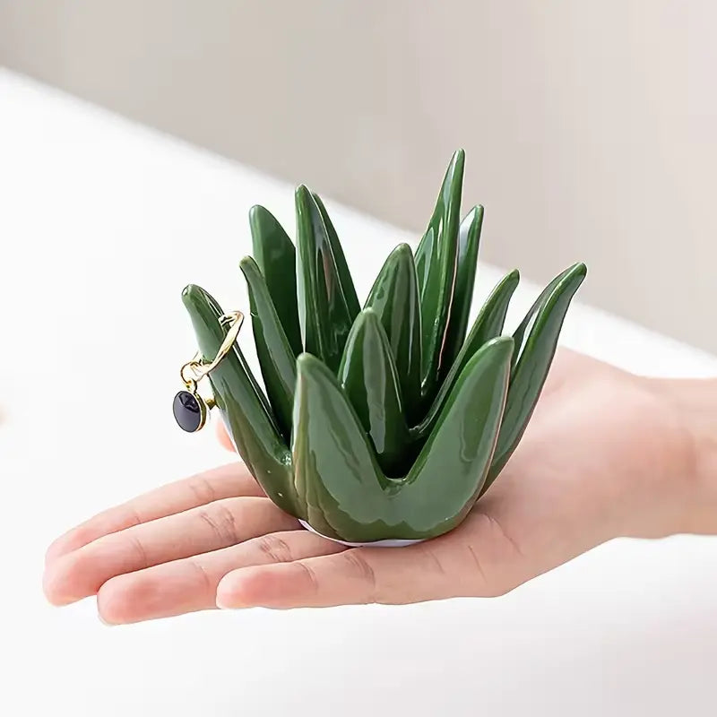 Cactus Aloe Ring Holder Tray, Ceramic Jewelry Storage Organiser Display Stand for Home or Office Desk Decor, Cute Gift for Women, Friends and Mom