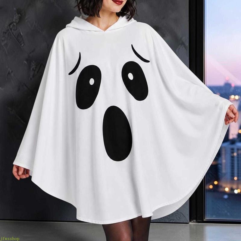 Adult White Hooded Ghost Cape – Soft Loose-Fit Halloween Poncho Costume