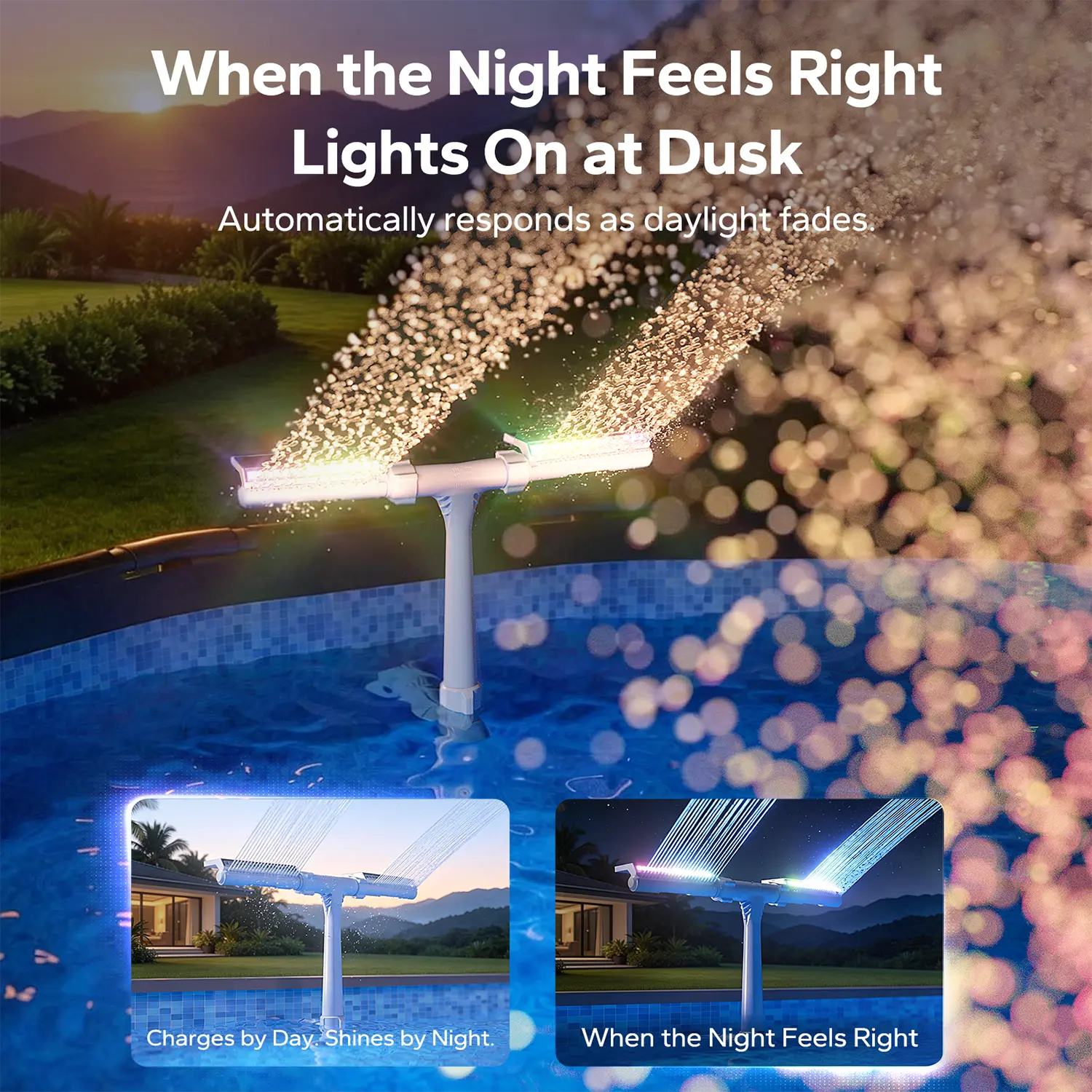 Fontaine solaire de piscine avec lumières à détection automatique et télécommande | Double pulvérisation, arroseur réglable pour piscines hors sol/enterrées
