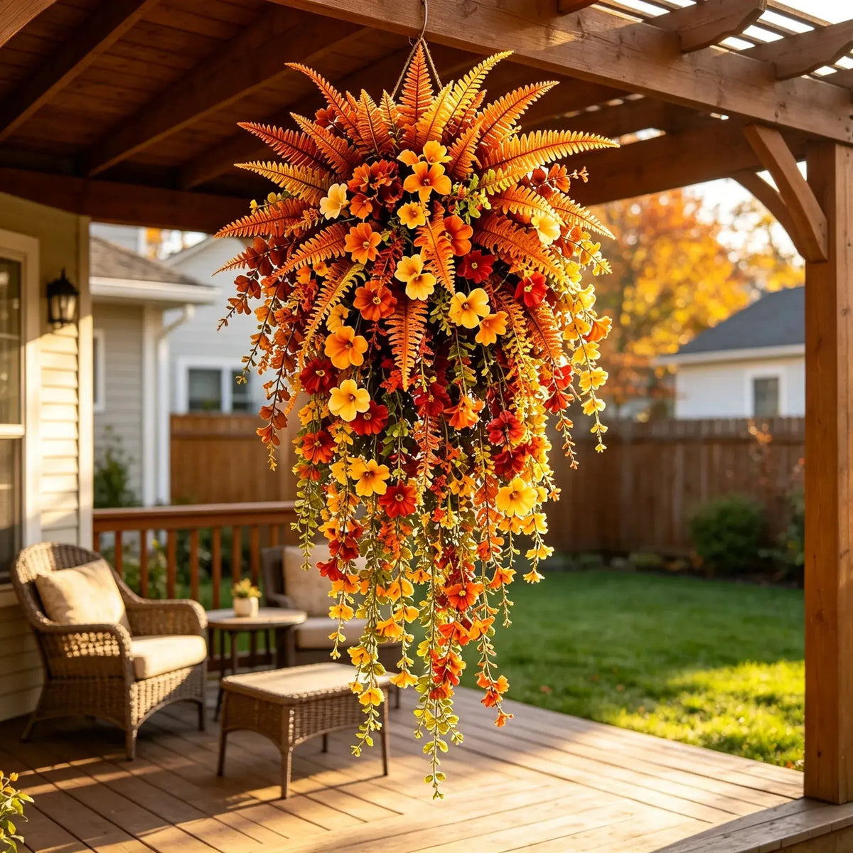 UV-Resistant Faux Autumn Boston Fern Plant – Realistic Large Hanging Porch Decor