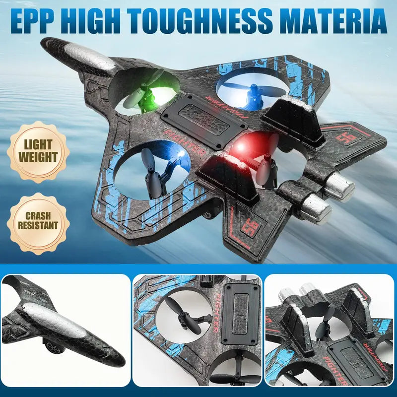 RC Fighter Jet Drone with 360° Flips & LED Lights – Vertical Takeoff EPP Foam Airplane Toy
