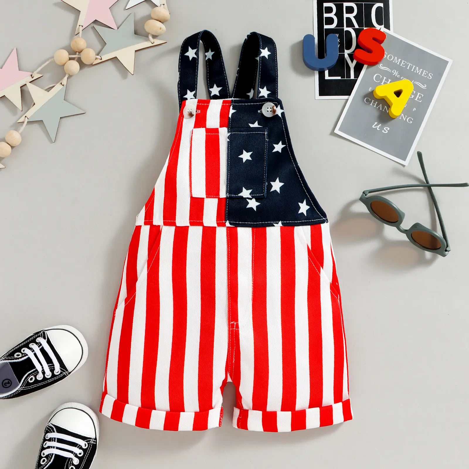 Babamoon Toddler Baby Boy Girl 4th of July Outfit Girl Boy American Flag Overall Shorts Suspender Denim Jumpsuit with Pocket Costume Romper #Summervibes
